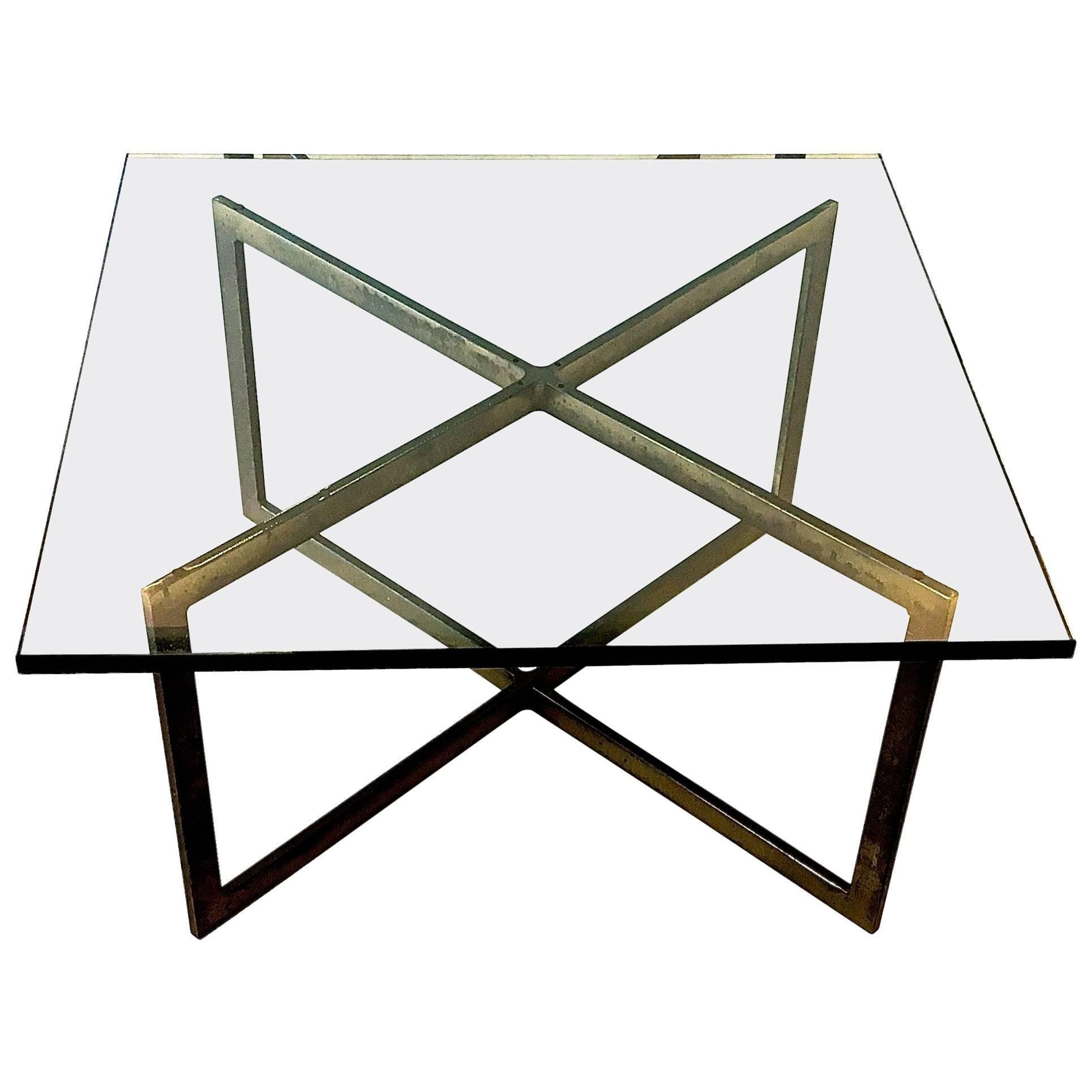 Mid-Century Modern Bronze Minimalist Cocktail Table with Glass Top For Sale