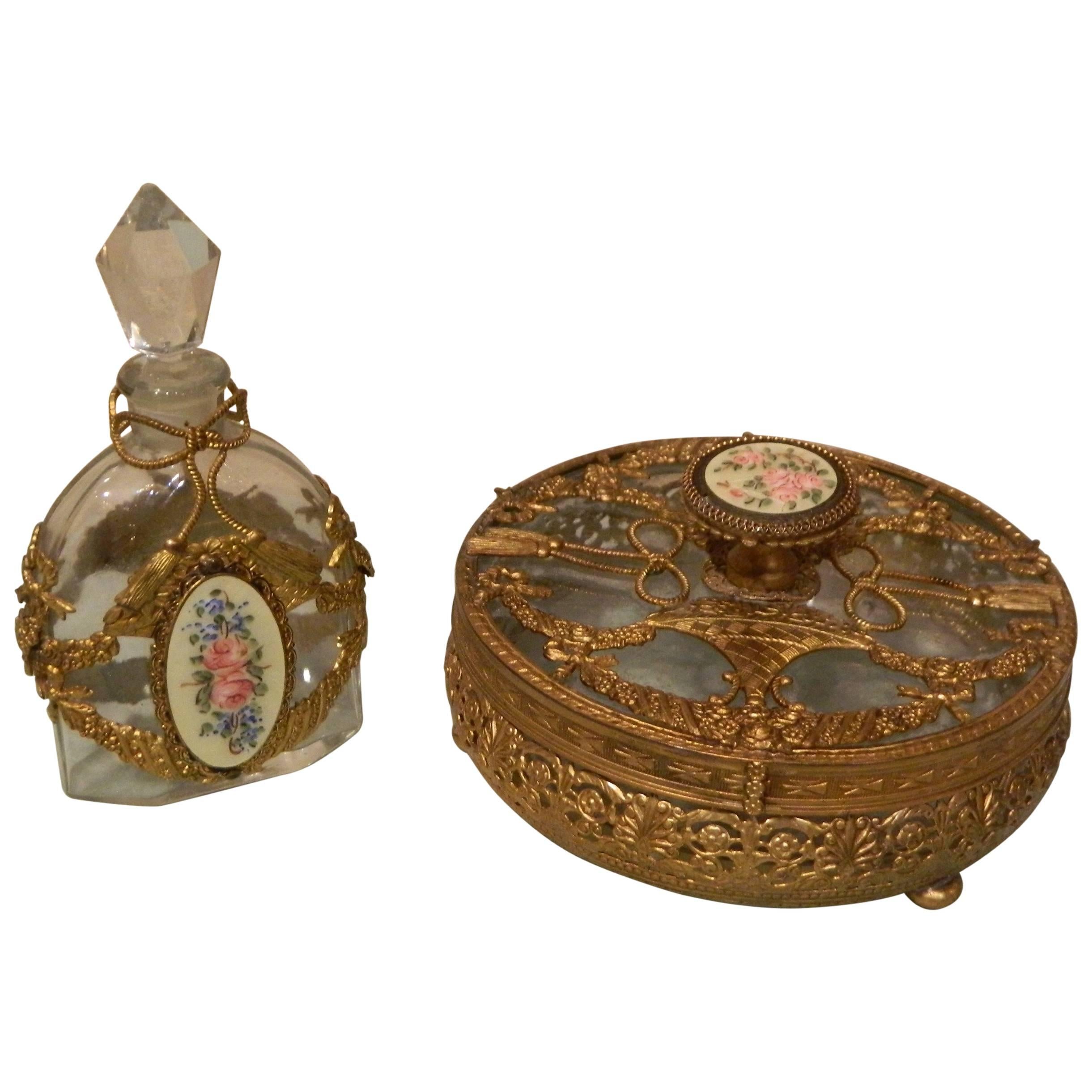 Crystal, Bronze Doré and Enamel Perfume Bottle and Dresser Box, 19th Century