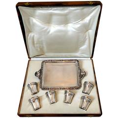 Rare French sterling silver 18-karat gold liquor cups original tray and box Iris