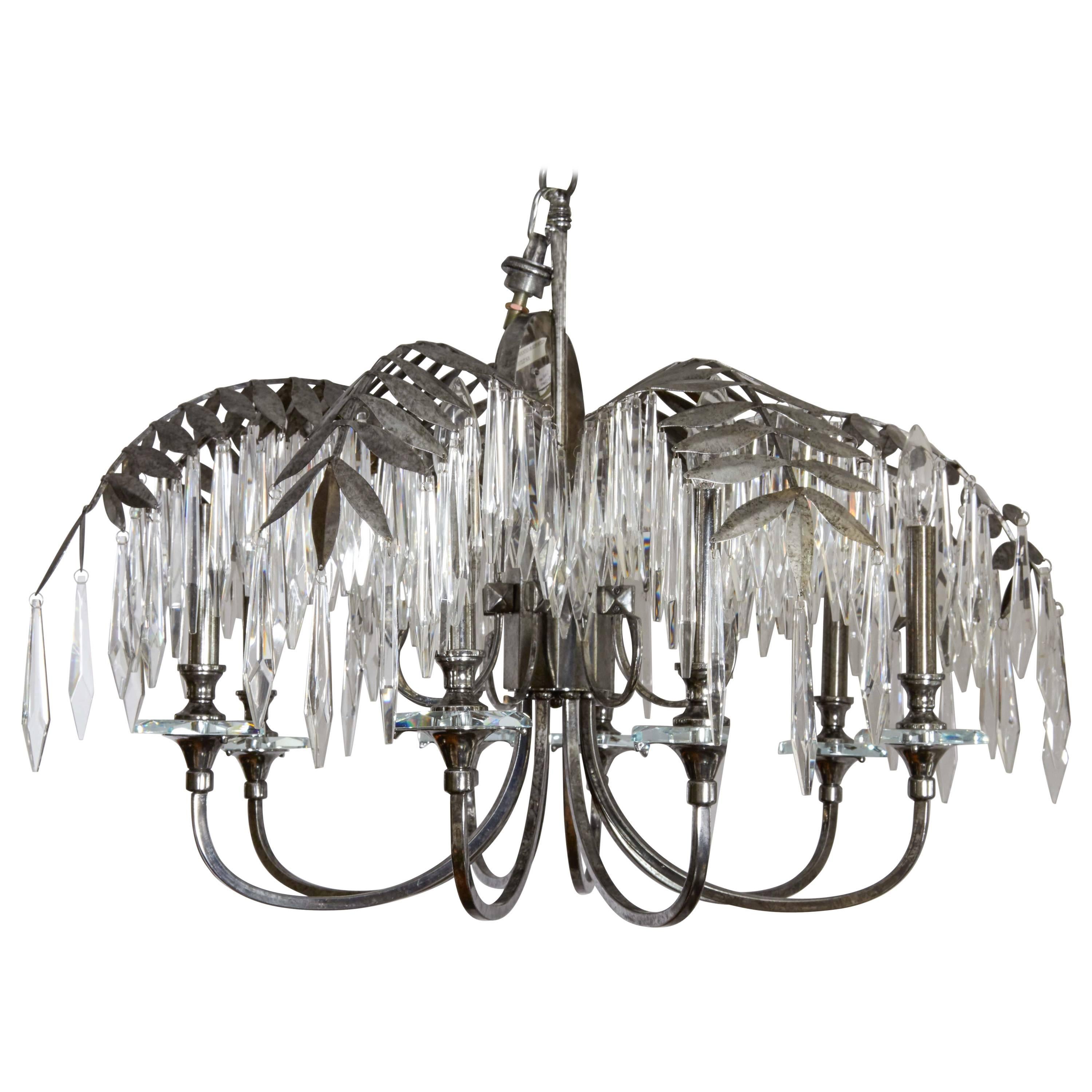 Eight-Light Silvered Metal Palm Fronde Chandelier