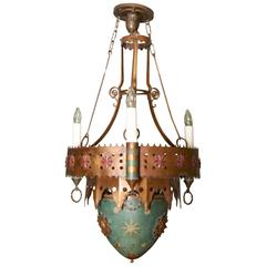 Moorish Style Patinated Brass and Polychrome Decorated Pendant Light by Caldwell 4