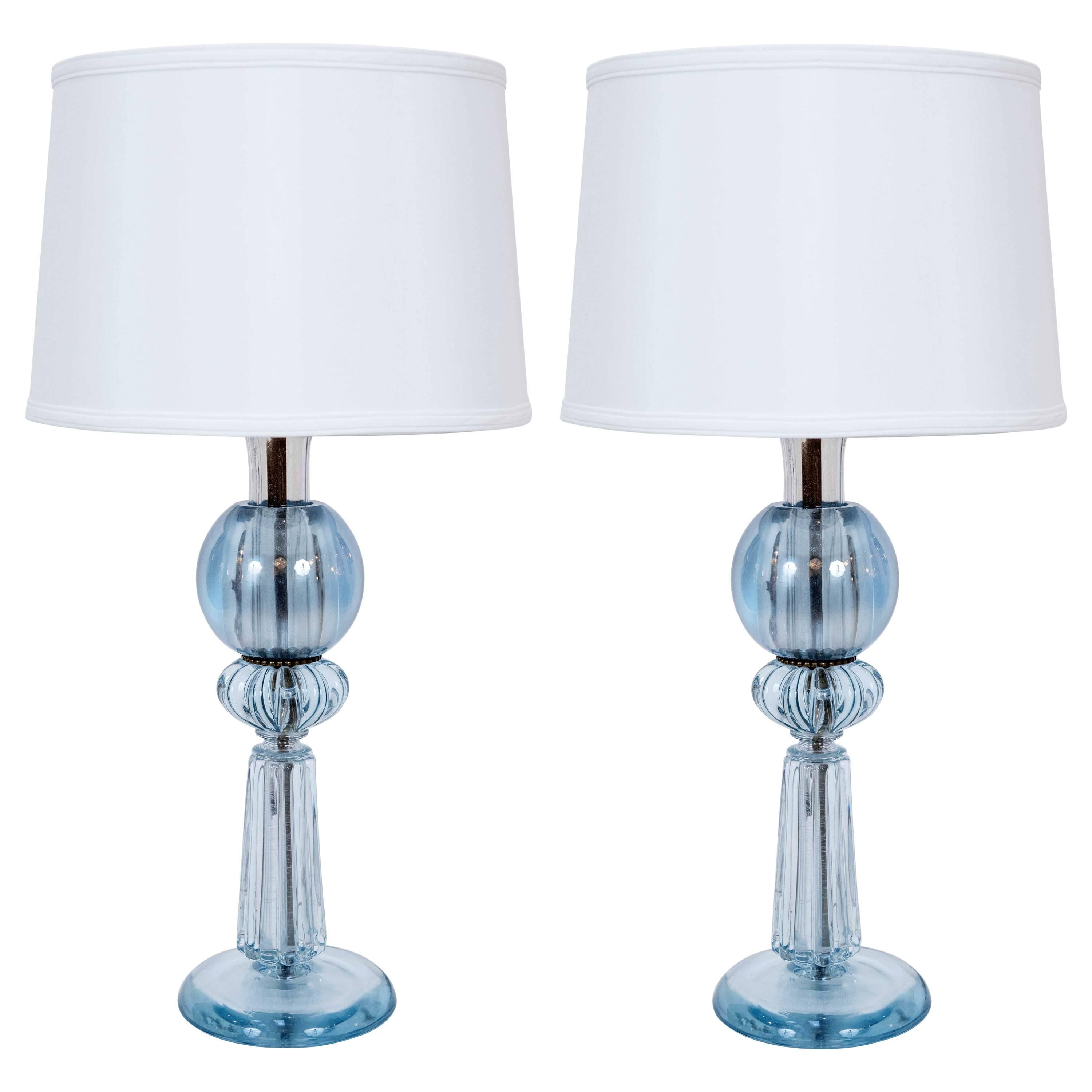  Pair of Vintage Mid-Century Blue Murano Lamps