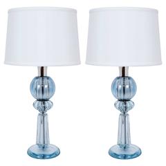  Pair of Vintage Mid-Century Blue Murano Lamps