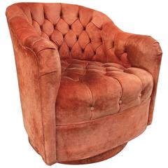 Tufted Suede Barrel Back Tub Chair in the Manner of Milo Baughman