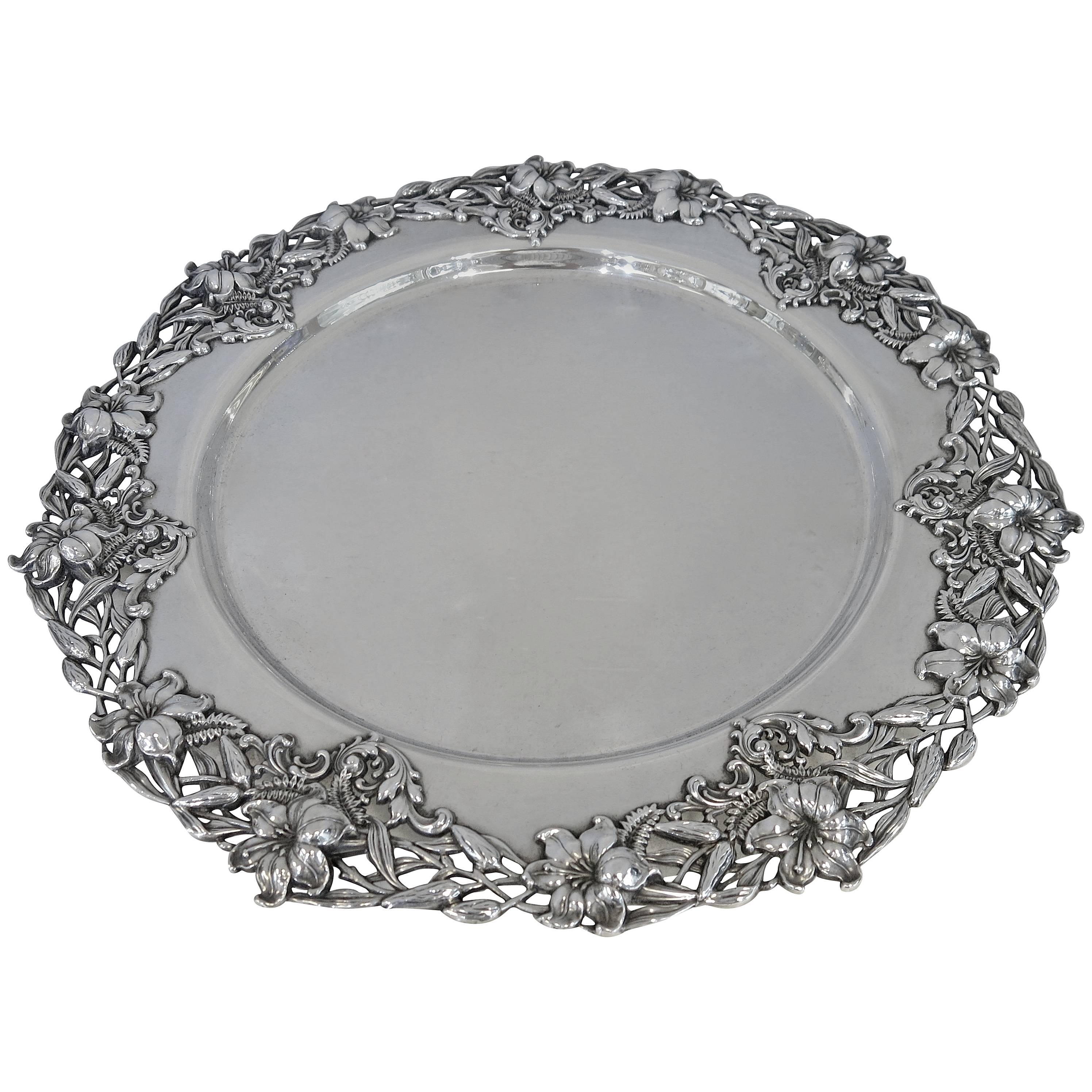 Large Round Sterling Silver Art Nouveau Tray