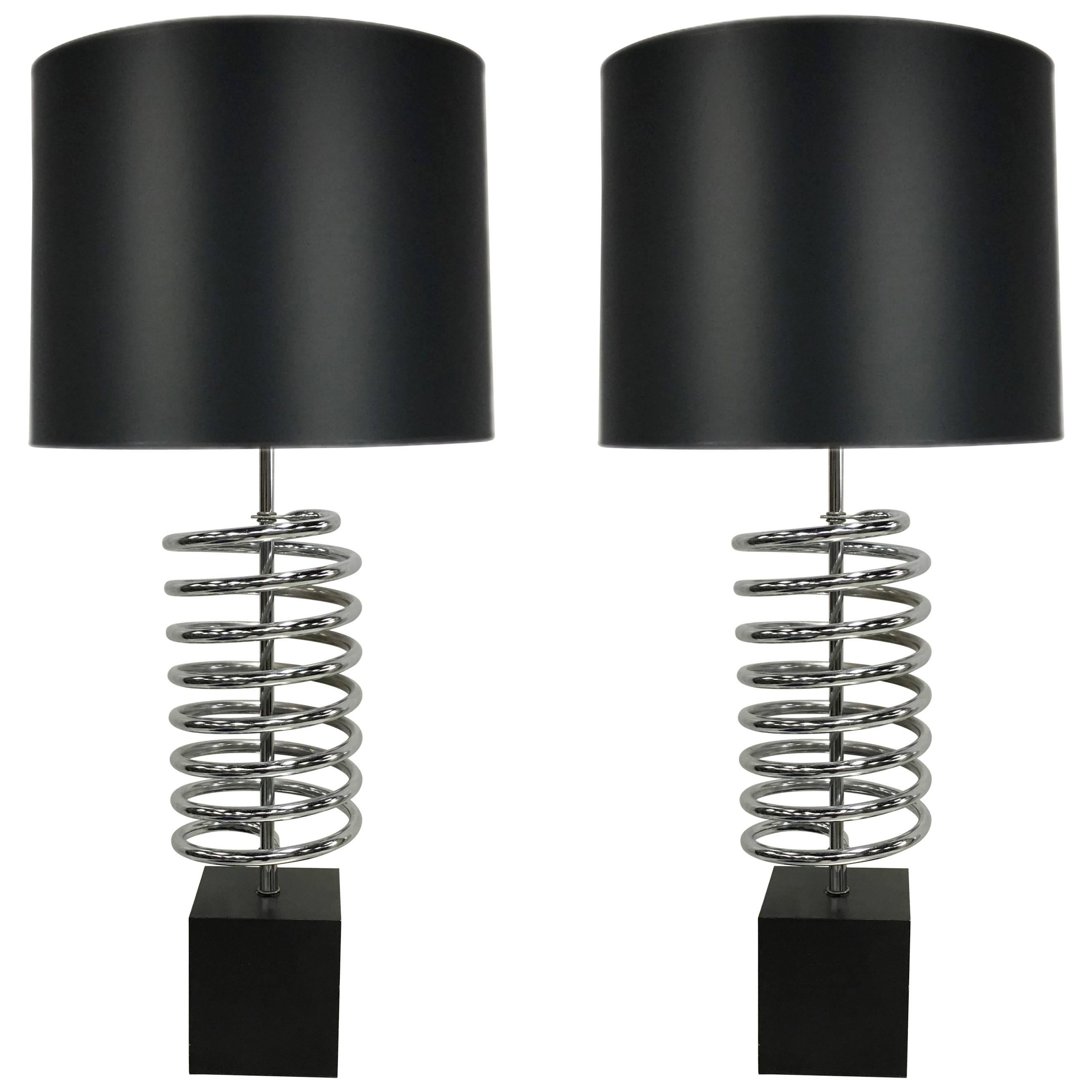 Pair of Chrome Coil Spring Lamps by Laurel