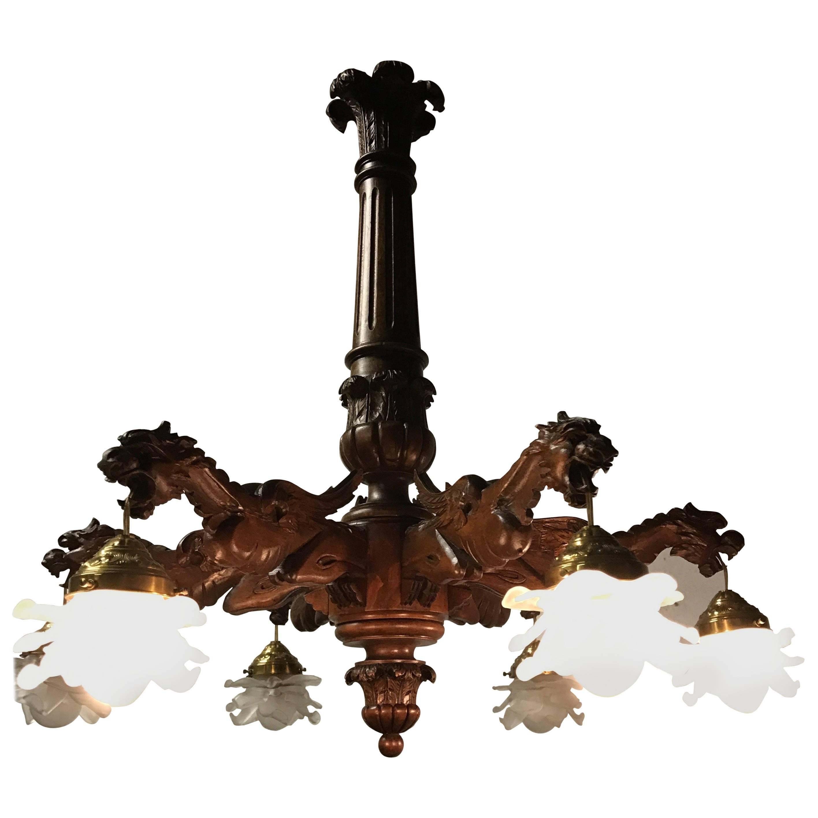  Stunning  Wooden Chandelier in Gothic or Medieval Style with Dragon Sculptures