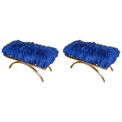 Pair of Blue Mongolian Lambskin Benches