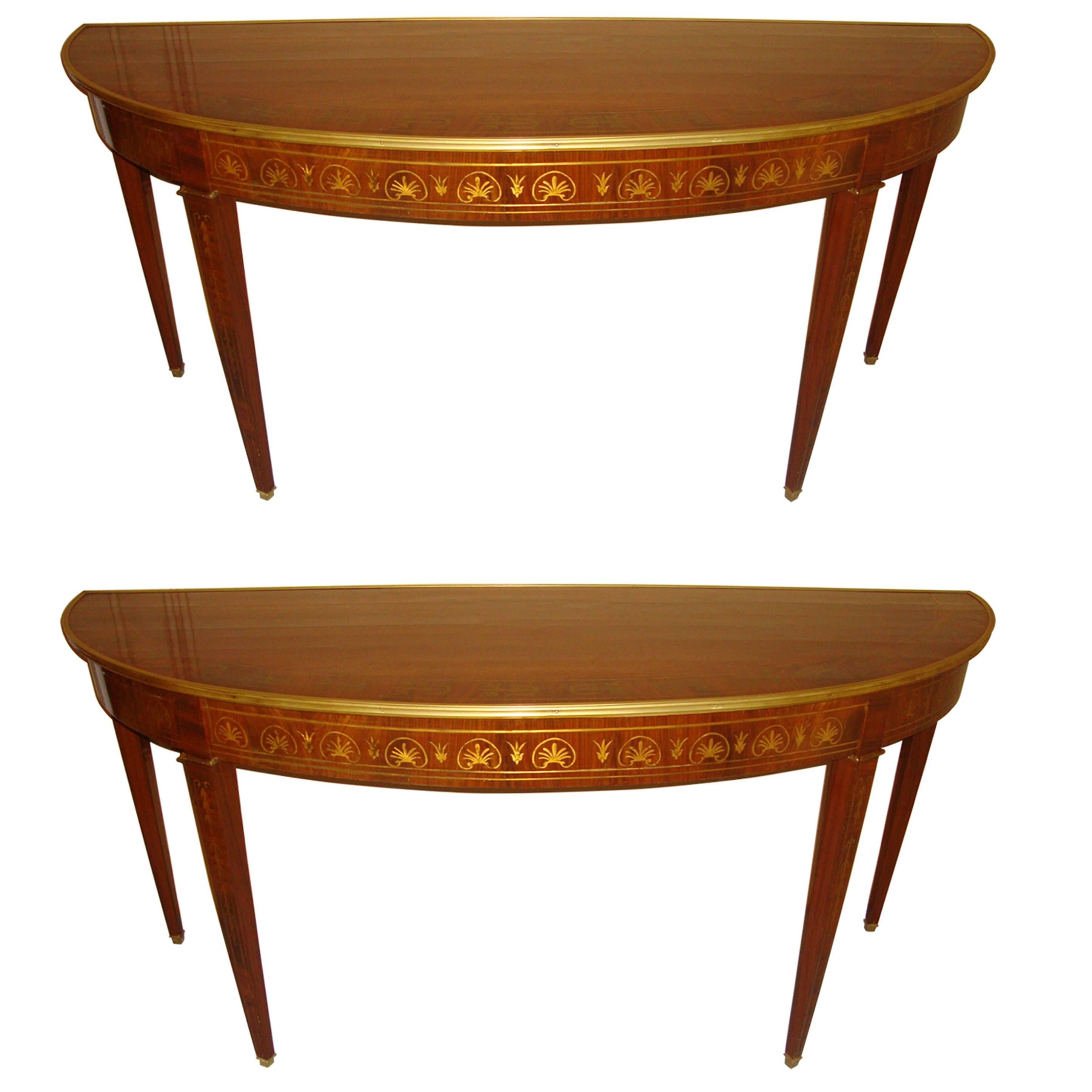 Neoclassical, Demilune Console Tables, Brown Wood, Brass Inlay, Europe, 1970s