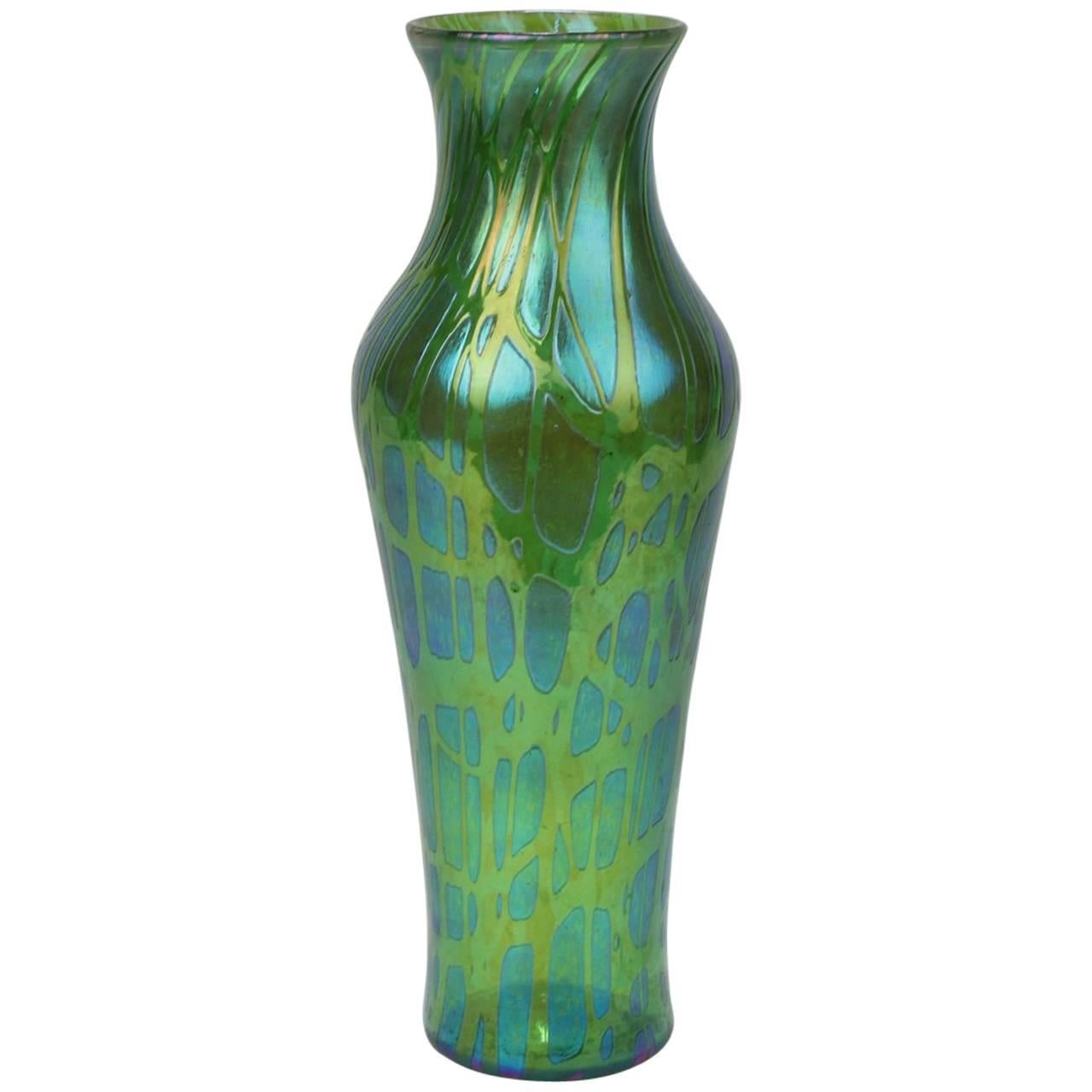 Large Antique Art Nouveau Period Loetz Green Crete Pampas Pattern Art Glass Vase
