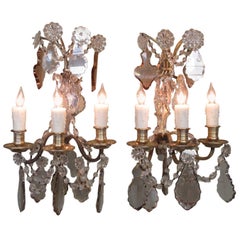 Pair of Early 20th Century French Louis XIV Crystal and Bronze Sconces