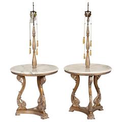 Pair of Round Marble-Top Hollywood Regency Lamp Tables