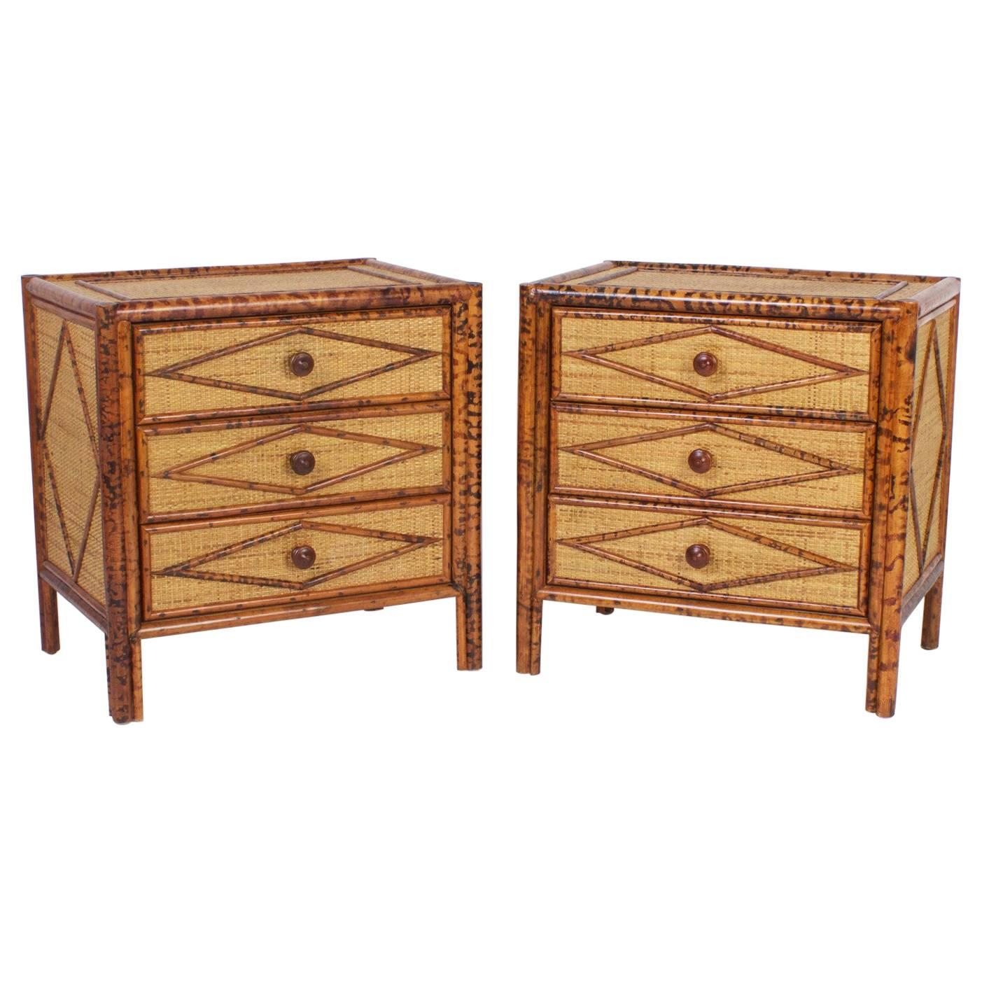 Pair of Three-Drawer Faux Bamboo Nightstands
