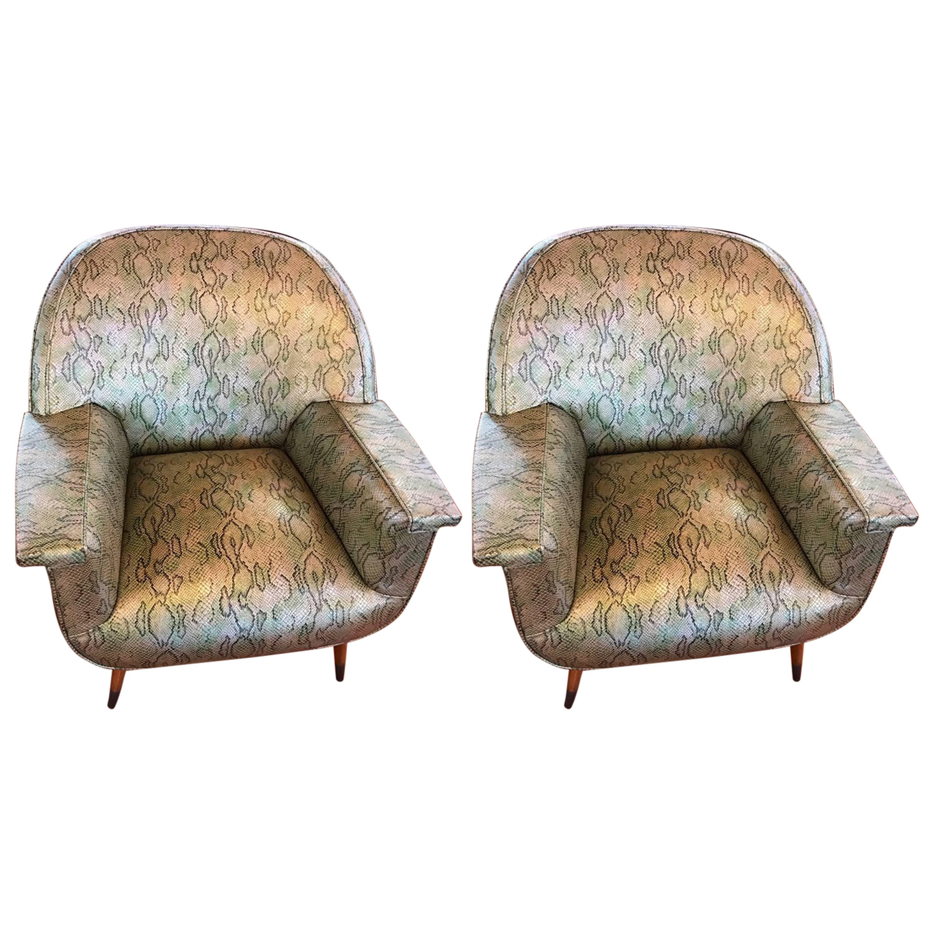 Pair of Italian Mid-Century Modern Club Chairs with Faux Snake Skin For Sale
