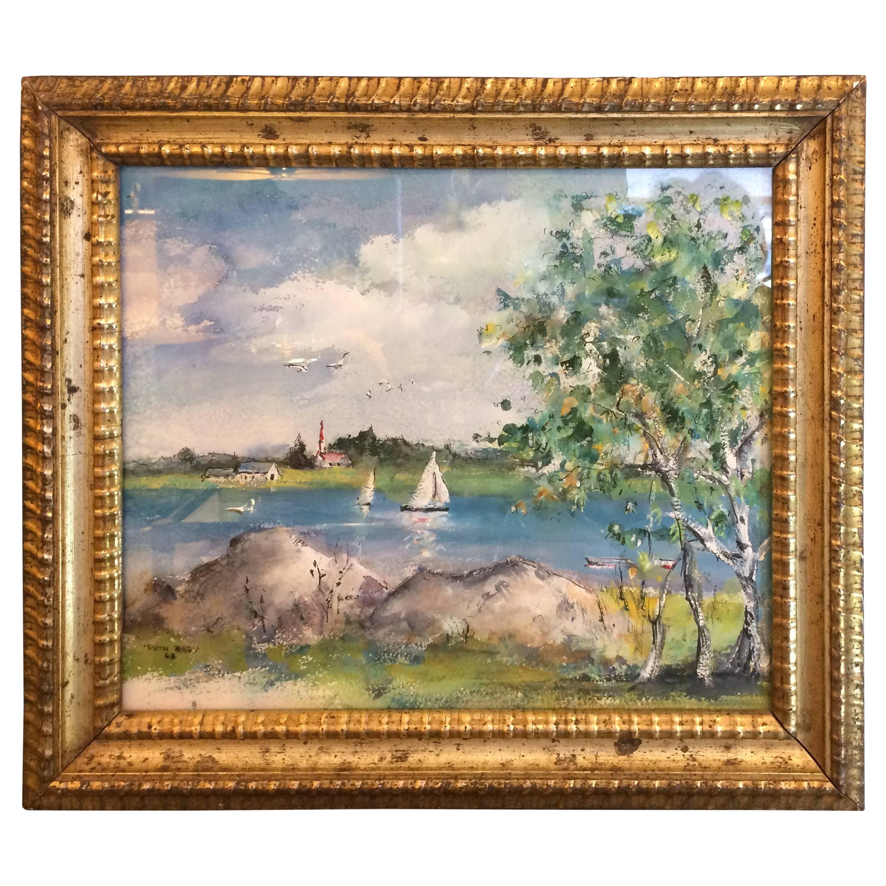 Lovely Original Painting by Ruth Raby of "Cove with Sails" For Sale