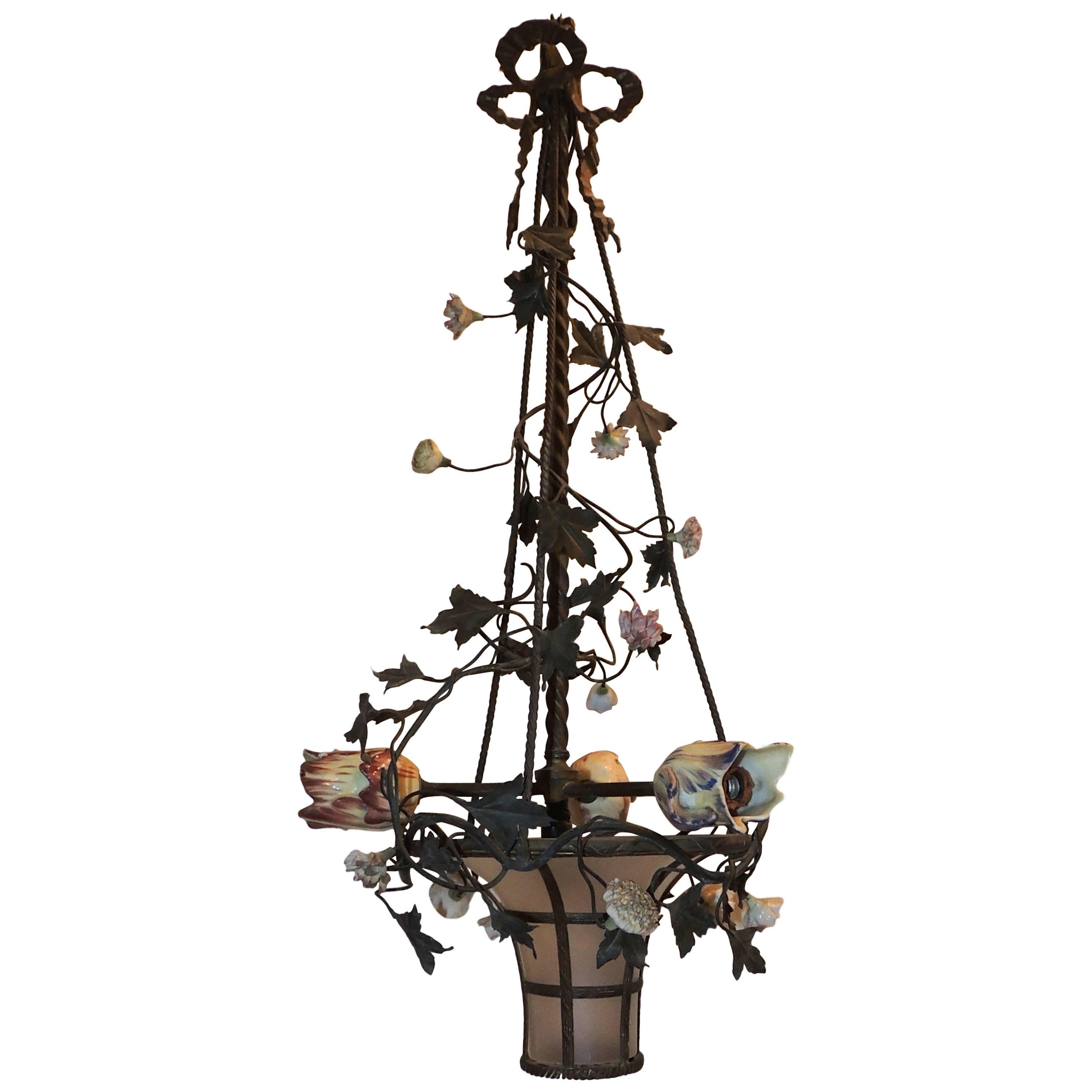 French Bronze Bow Top Frosted Basket Three-Light Porcelain Flowers Chandelier For Sale