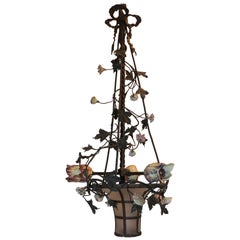 Vintage French Bronze Bow Top Frosted Basket Three-Light Porcelain Flowers Chandelier