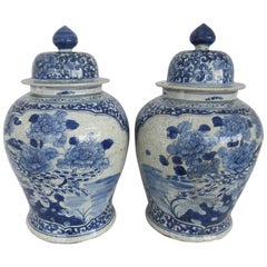 Pair of Chinese Blue and White Jars with Lids