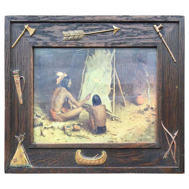 Antique Wooden Native Indian Design Picture Frame with Teepee Canoe