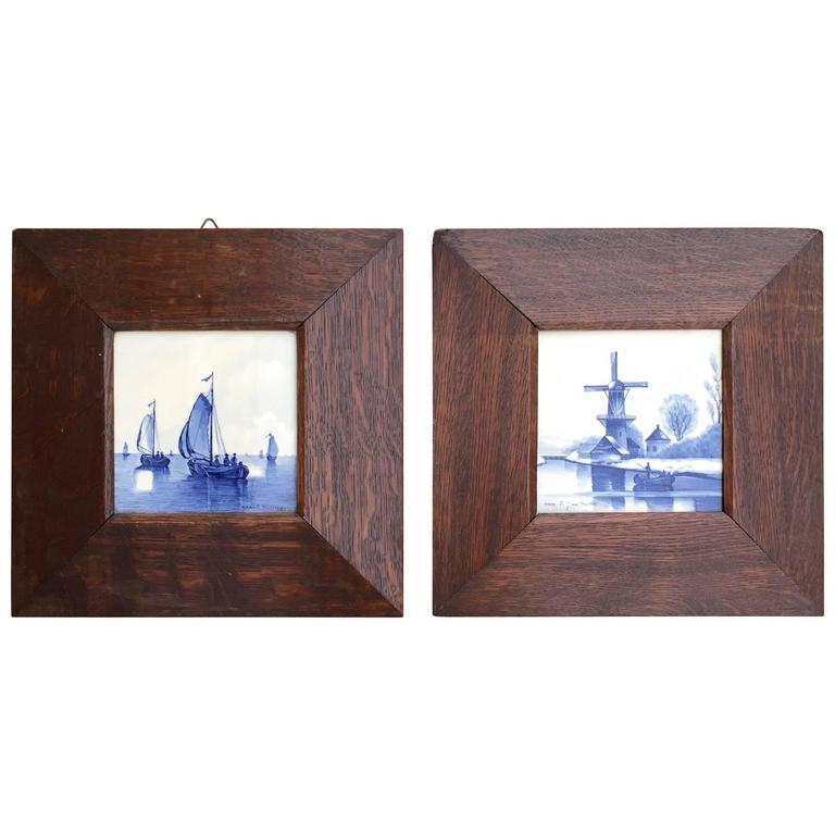 Pair of HandPainted Delft Blue Tiles in Picture Frame Landscape and
