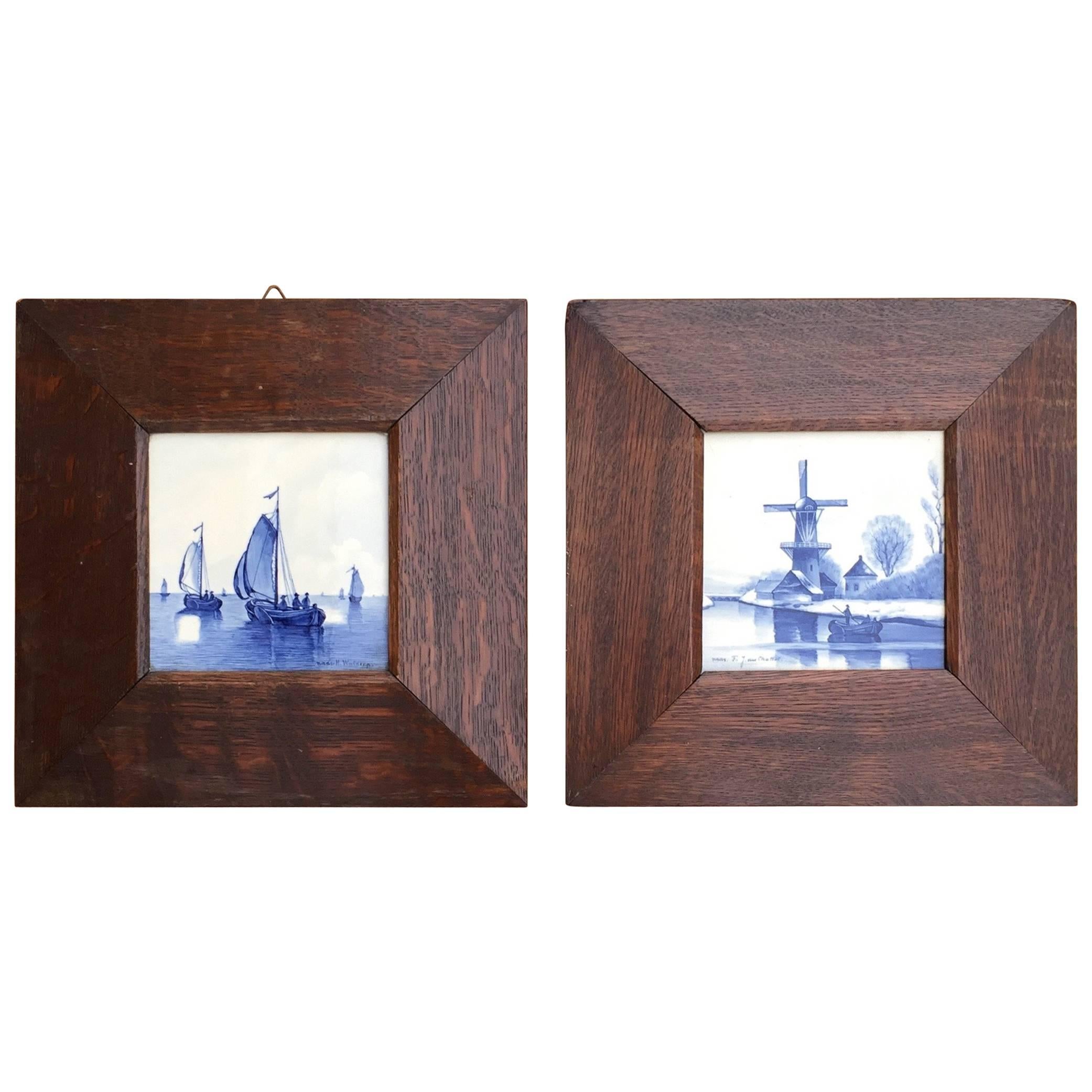 Pair of Hand-Painted Delft Blue Tiles in Picture Frame Landscape and Seascape