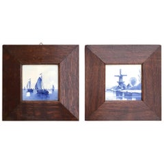 Pair of Hand-Painted Delft Blue Tiles in Picture Frame Landscape and Seascape