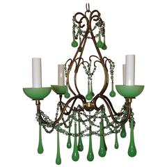 Vintage Wonderful Four-Light Green Opaline Beaded Tole Glass Italian Chandelier Fixture