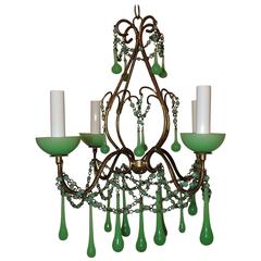 Wonderful Four-Light Green Opaline Beaded Tole Glass Italian Chandelier Fixture