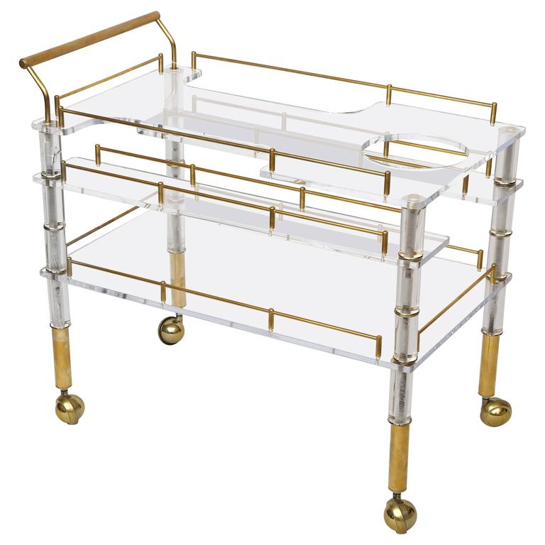 Lucite and Brass Bar Cart on Casters in the Style of Hollis Jones For