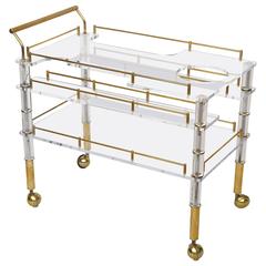 Lucite and Brass Bar Cart on Casters in the Style of Hollis Jones 1
