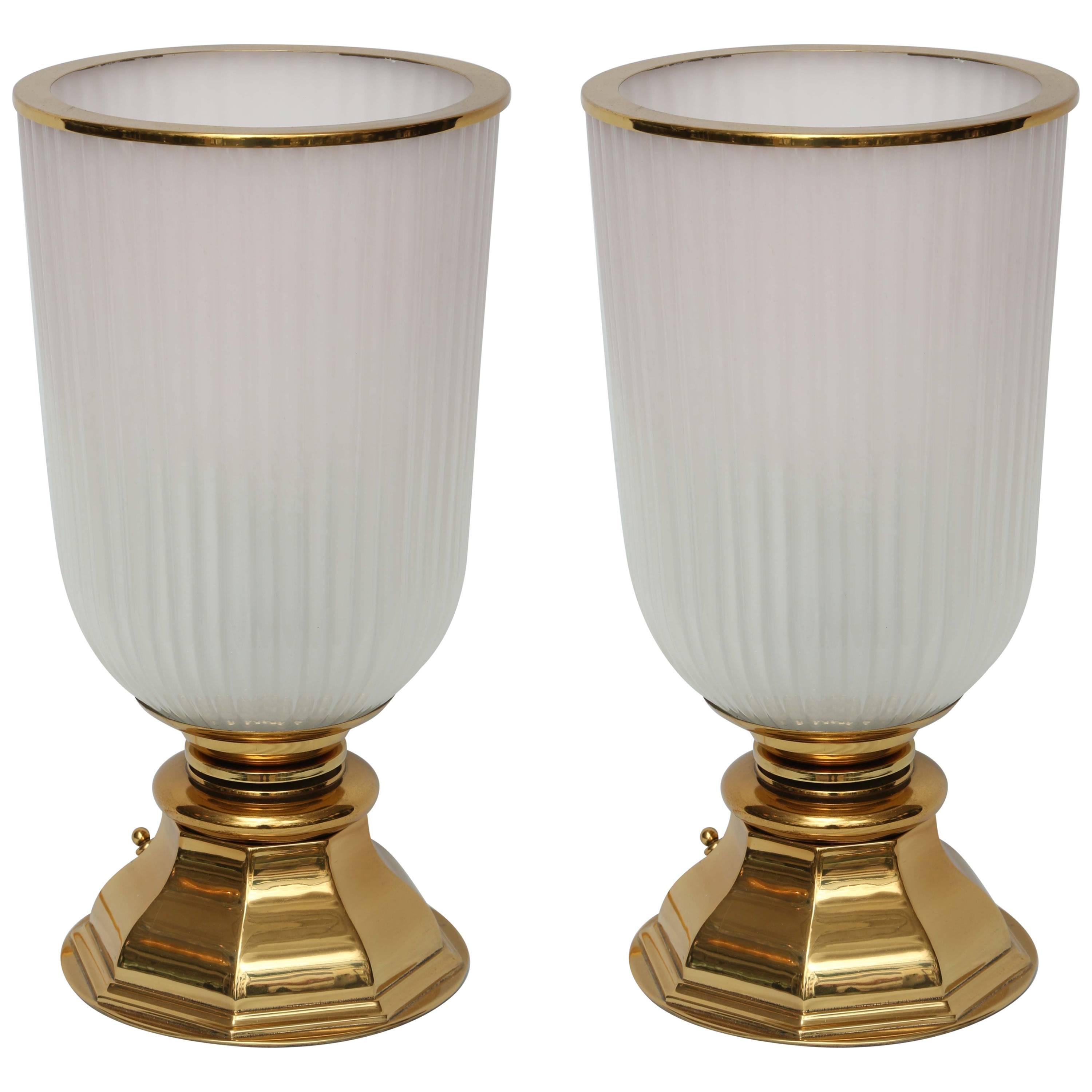 Hollywood Regency Glass and Brass Urn Table Lamps, Pair