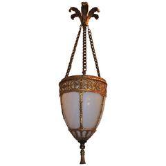 Caldwell Bronze Etched Floral Opal Glass Three-Light Lantern Chandelier Fixture