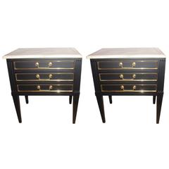 Pair of Ebonized Marble-Top "Gino" End Tables or Night Tables, Louis XVI Fashion