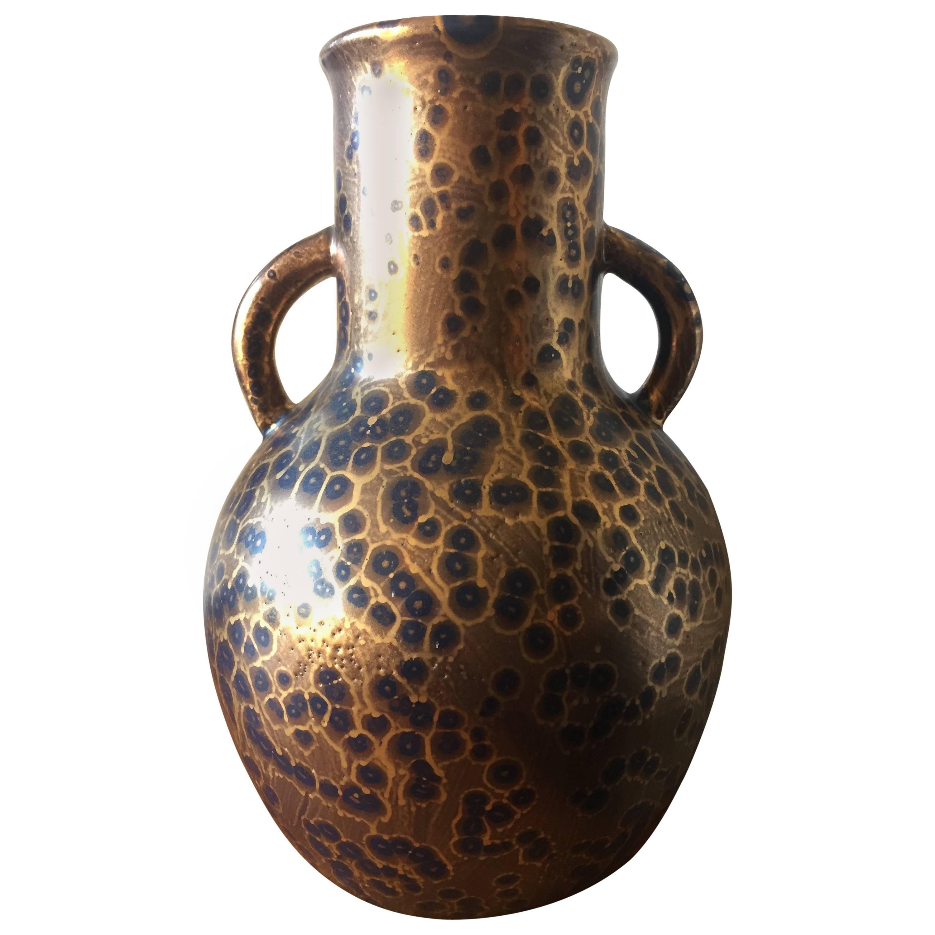 Exceptional Leon Pointu Large Art Deco Stoneware Vase with Spatter Gold Glaze For Sale