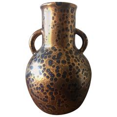 Exceptional Leon Pointu Large Art Deco Stoneware Vase with Spatter Gold Glaze