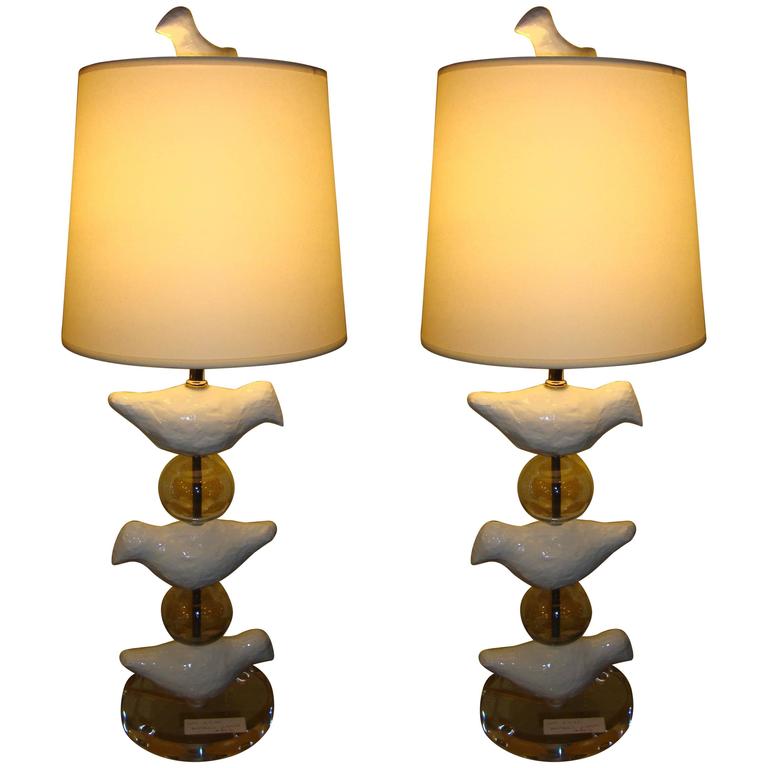 Mid Century Brass Table Lamp With Geode Crystal Finial For At Pair Of Mid Century Modern Lucite Lamps Depicting Birds With Bird Finial