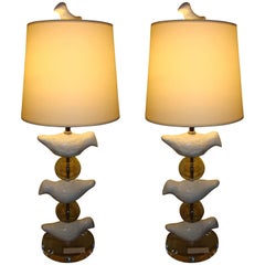 Pair of Mid-Century Modern Lucite Lamps Depicting Birds with Bird Finial