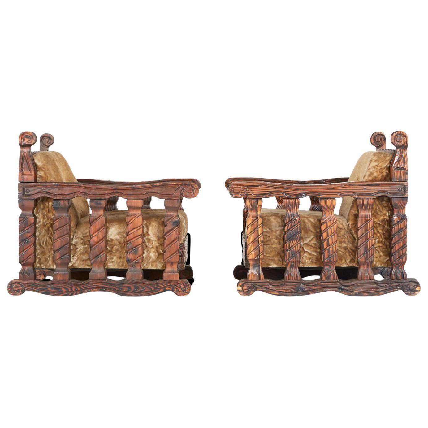 Carved Tiki Arm Chairs by William Westenhaver for WITCO, Pair, circa 1950