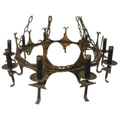 Mid-20th Century Spanish Style Gilt Metal Ten-Light Chandelier with Rope Detail