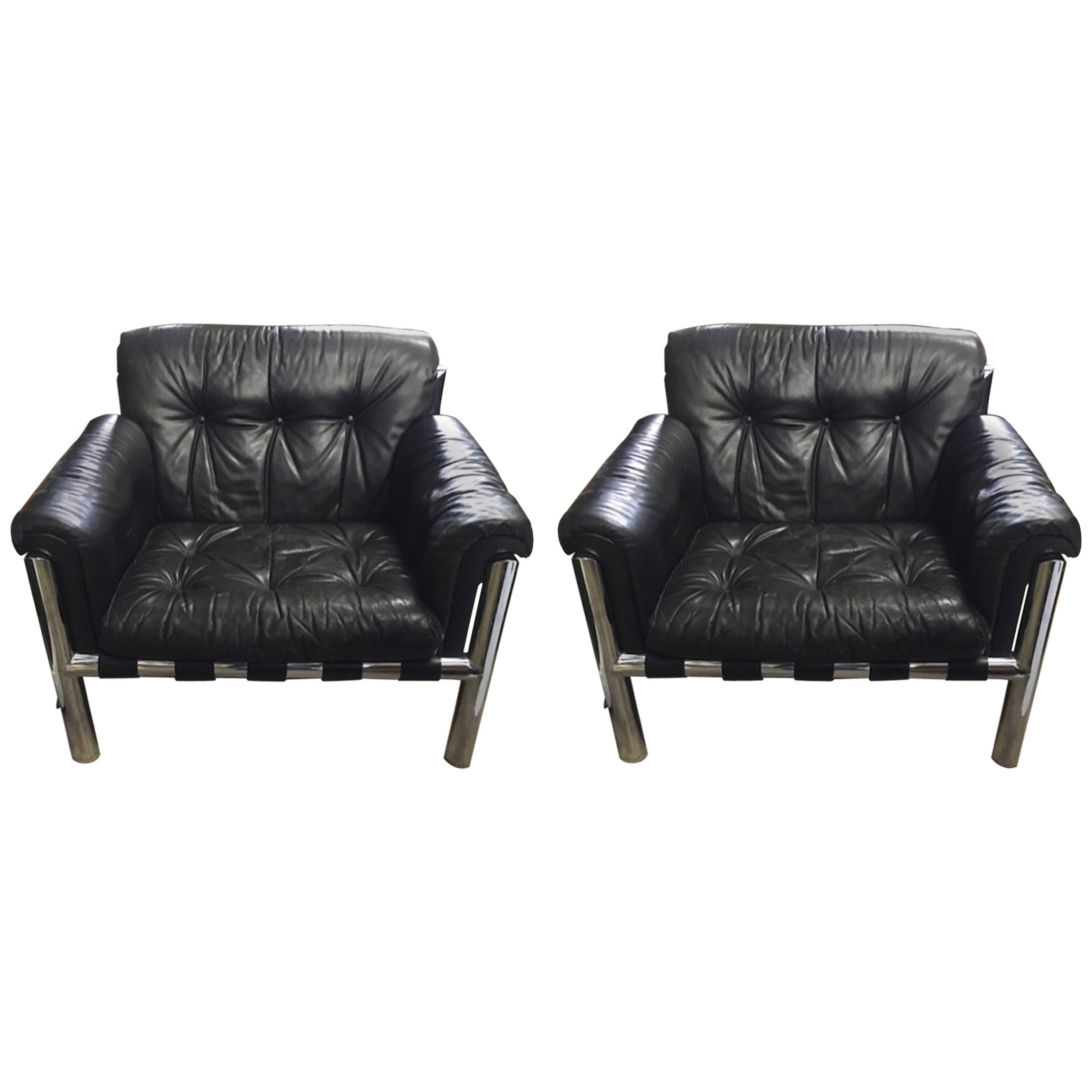 Pair of Leather and Chrome Lounge Chairs