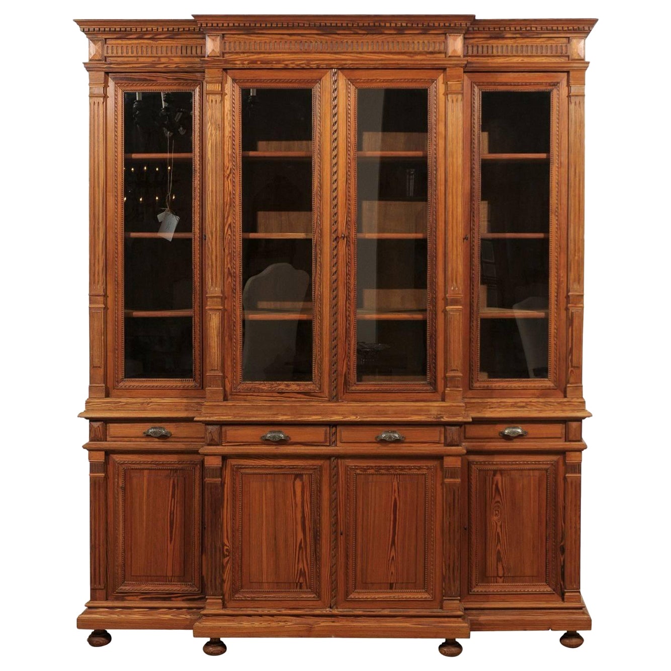 French Pitch Pine Glass Doors Breakfront Bookcase from the Turn of the Century