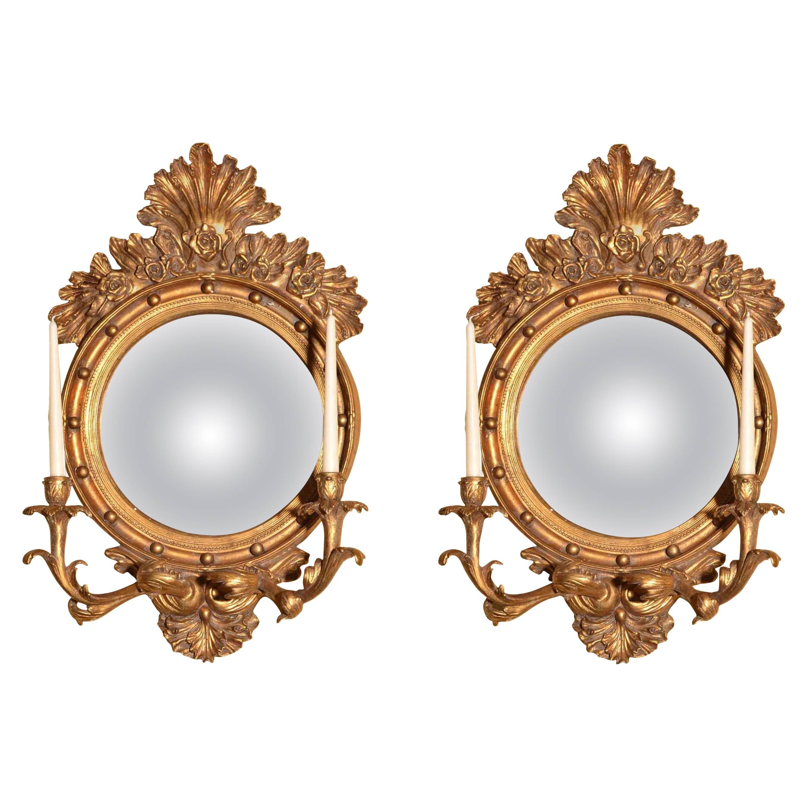 Pair of Italian Gilded Convex Mirror with Candleholders