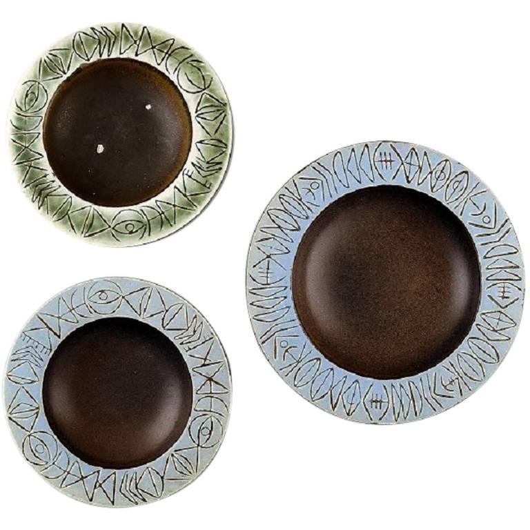 Gustavsberg Three Ceramic Bowls, Glaze in Blue and Green Tones, 1960s For Sale