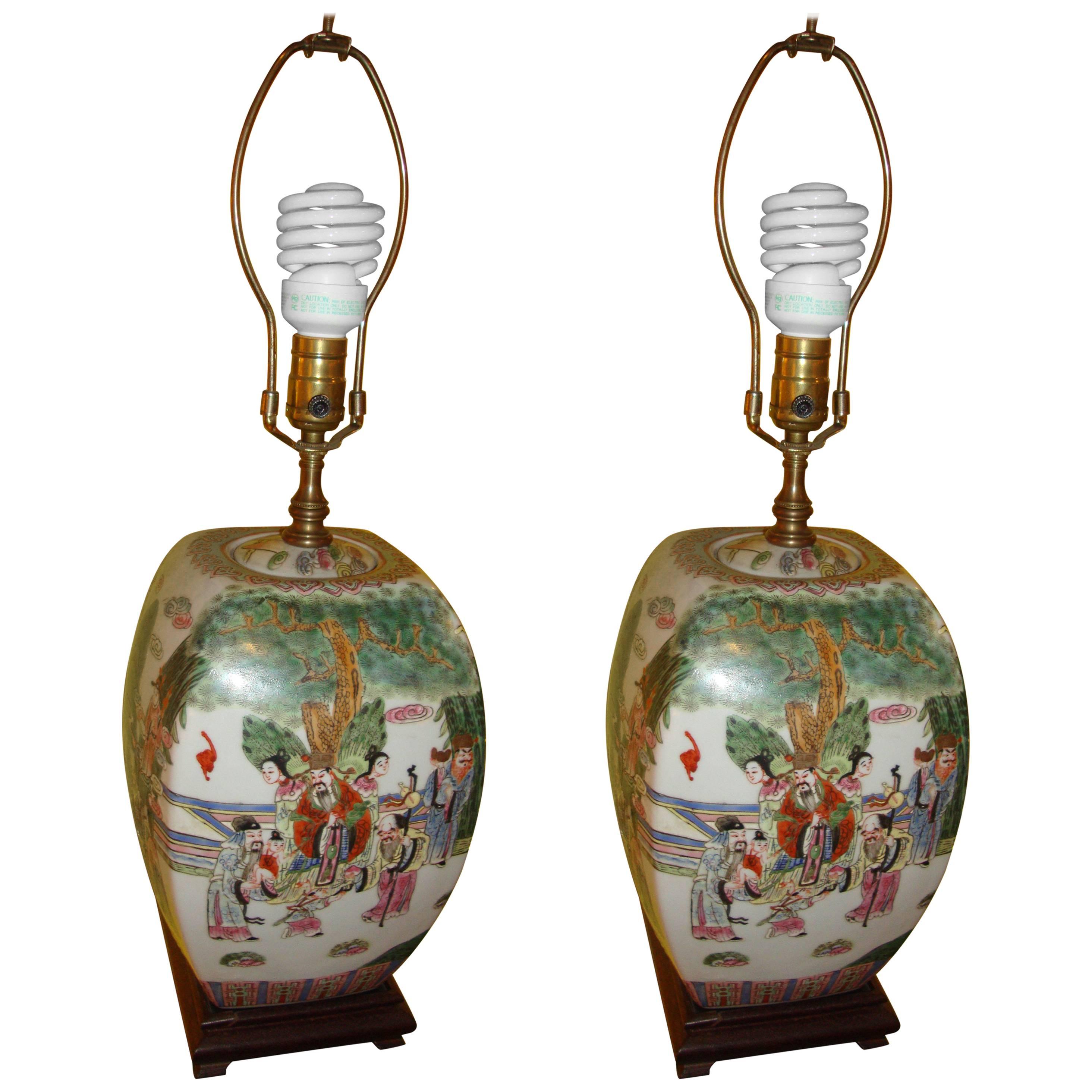 Pair of Chinese Export Porcelain Painted Ginger Jar Table Lamps