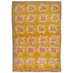 Vintage Turkish Konya Floral Carpet with Pink Flower Design