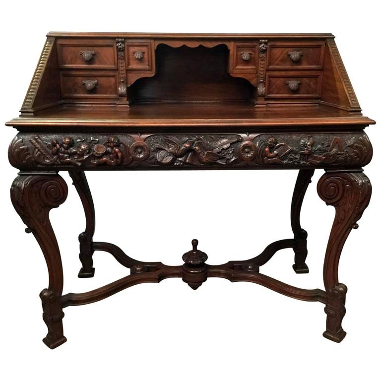 Heavily Carved Walnut Desk For Sale at 1stDibs