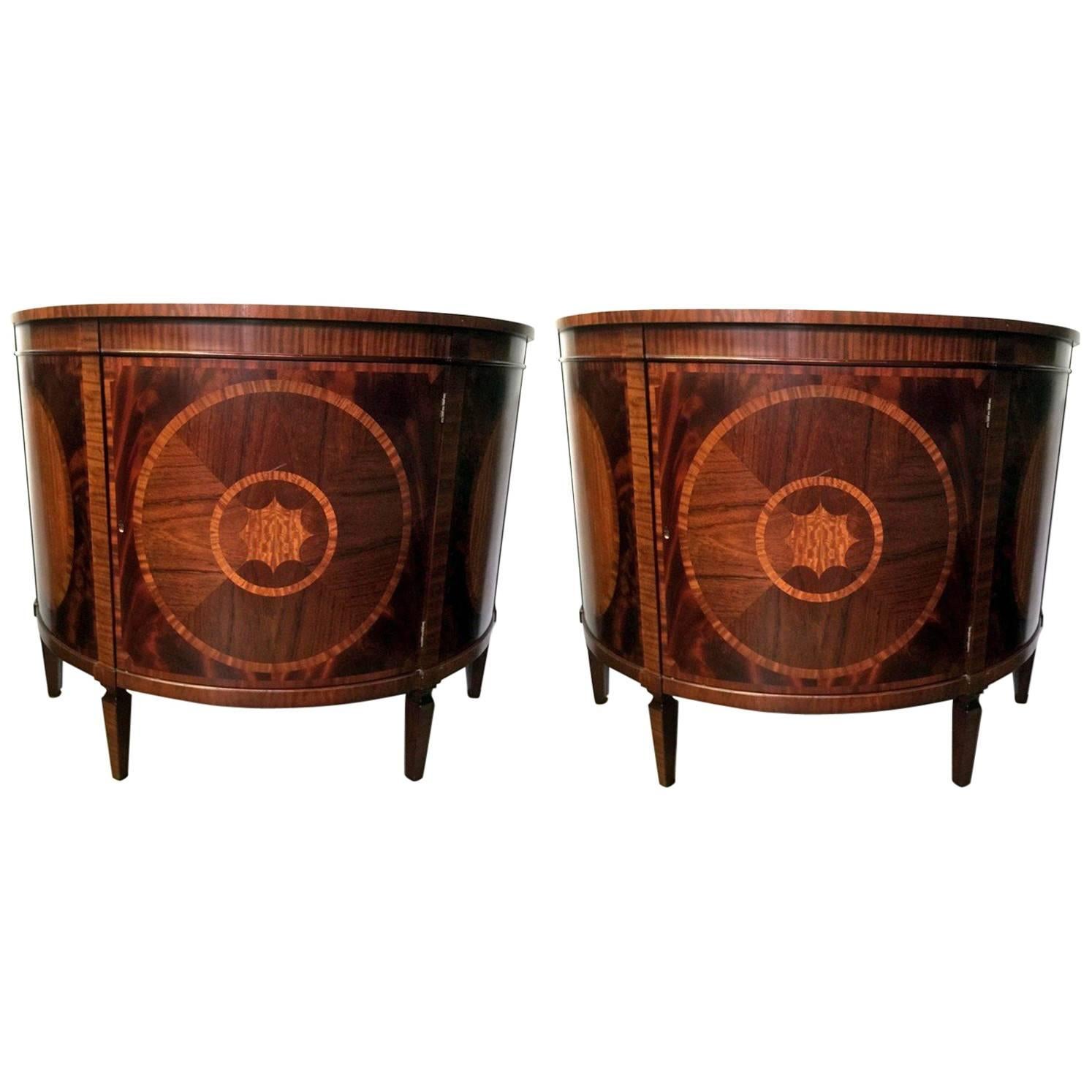 Pair of Mahogany and Satinwood Baker Demilune Commodes