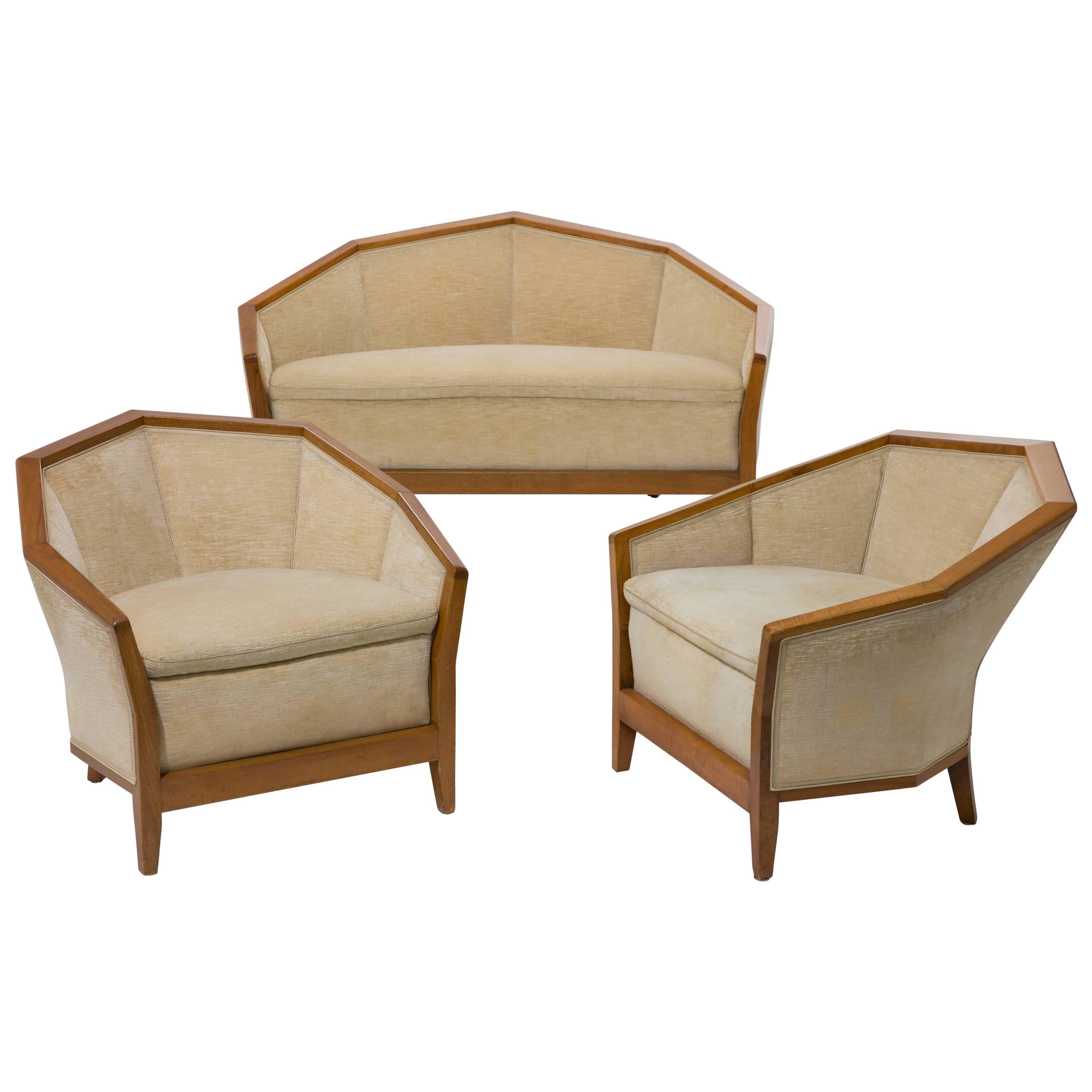 Pierre Chareau '1883-1950, ' Settee and Two Armchairs in Walnut, Early 1920s For Sale
