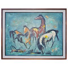 Original Large Painting Mid-Century Modern Horses by Carlo of Hollywood