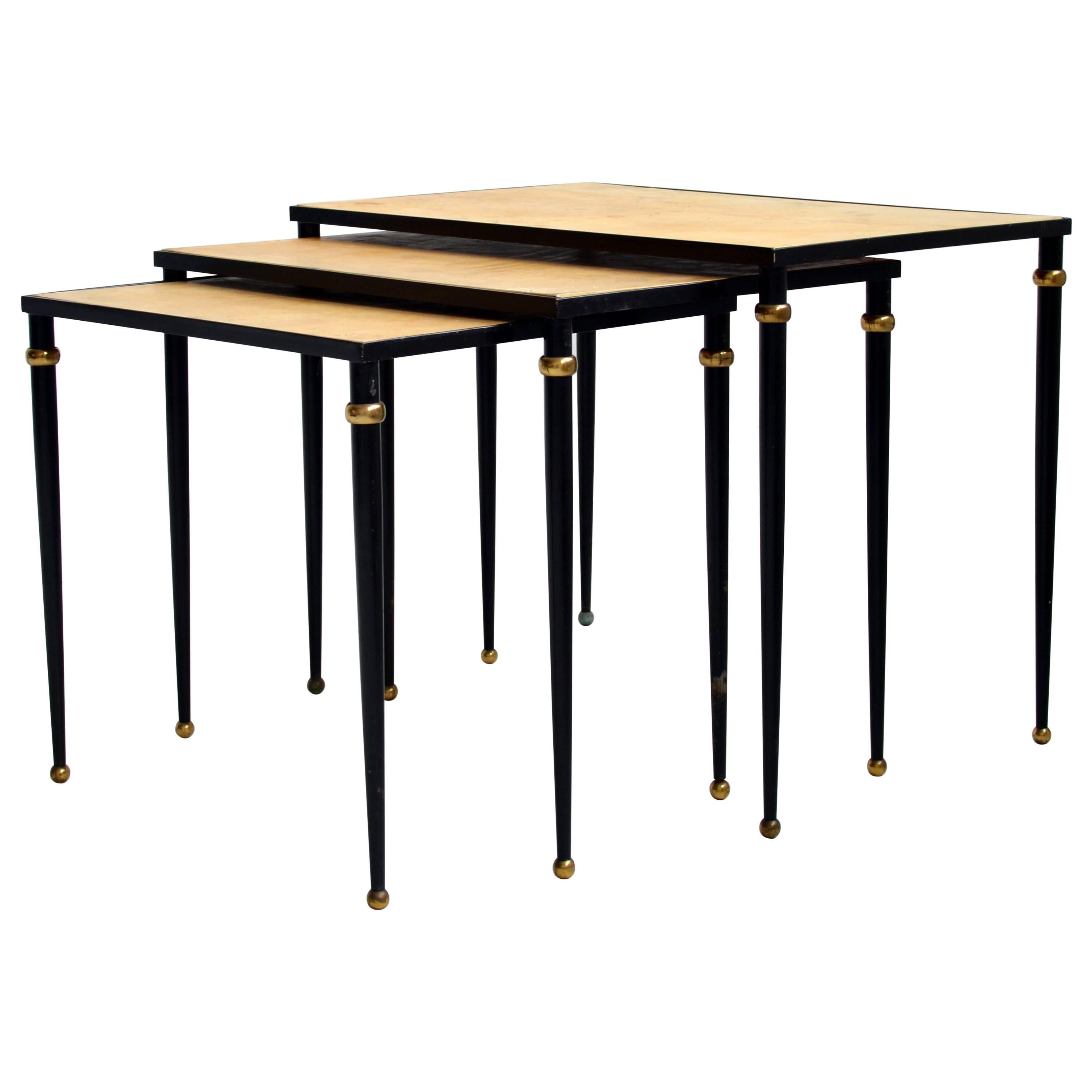 Metal and Parchment Nesting Tables For Sale